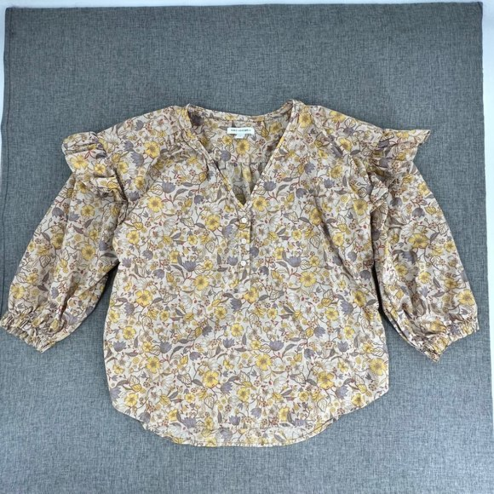 FREE ASSEMBLY Floral‎ Top Medium Ruffled 3/4th Sleeves V-Neck Cotton Half Button